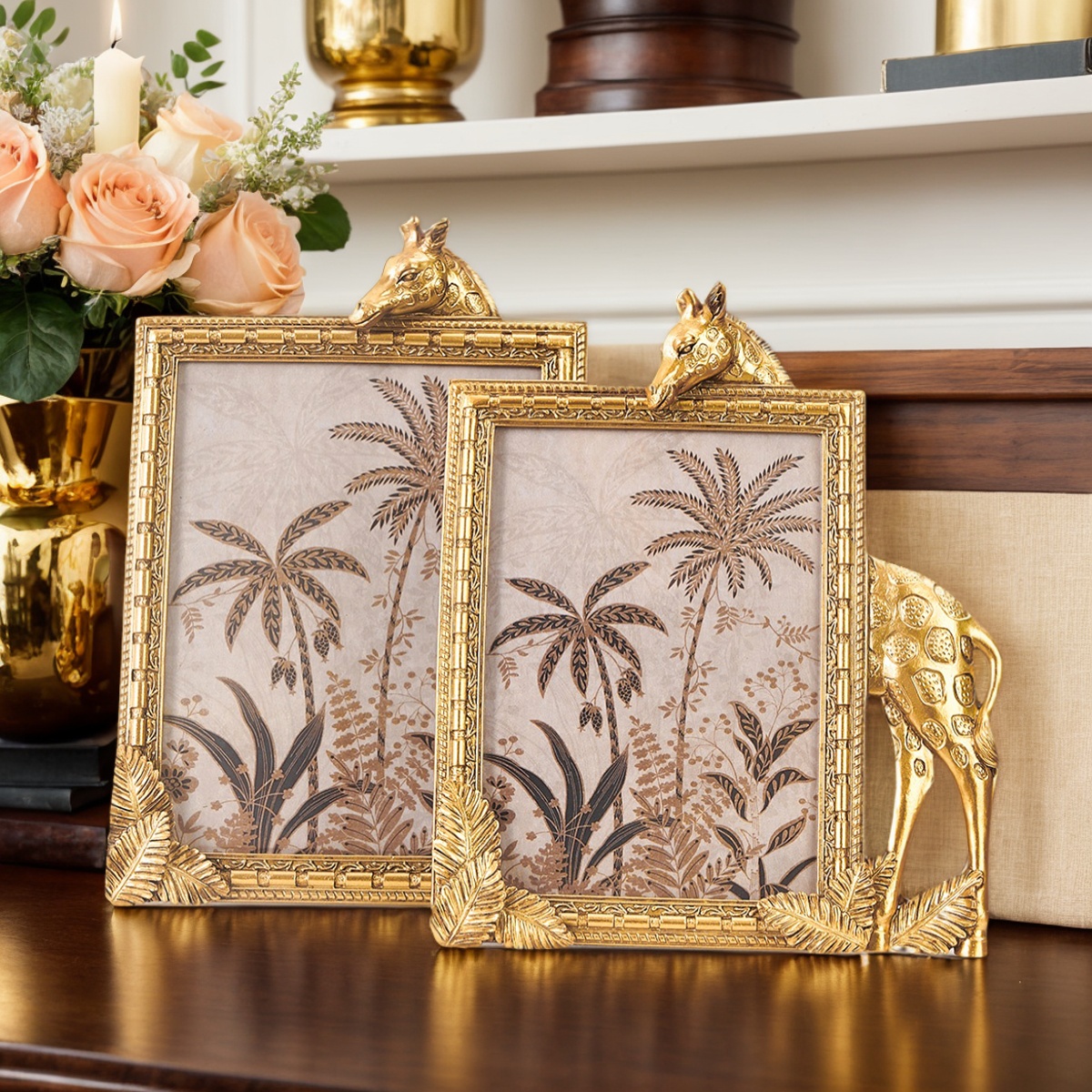 Bamboo Photo Frame - 1PC, golden resin material rectangular giraffe-shaped