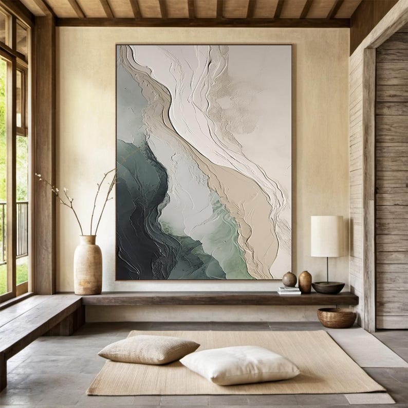 Abstract Oil Painting - Hand-Painted Green Abstract Texture Ocean Oil