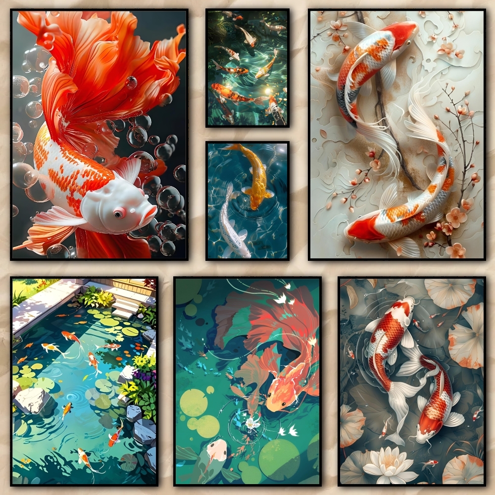 Abstract Oil Painting - Koi fish that always brings good
