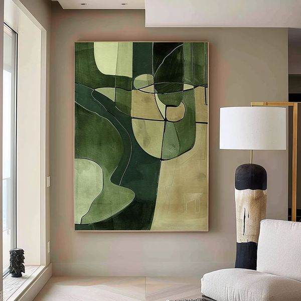 Abstract Oil Painting - Green textured wall decoration Large green