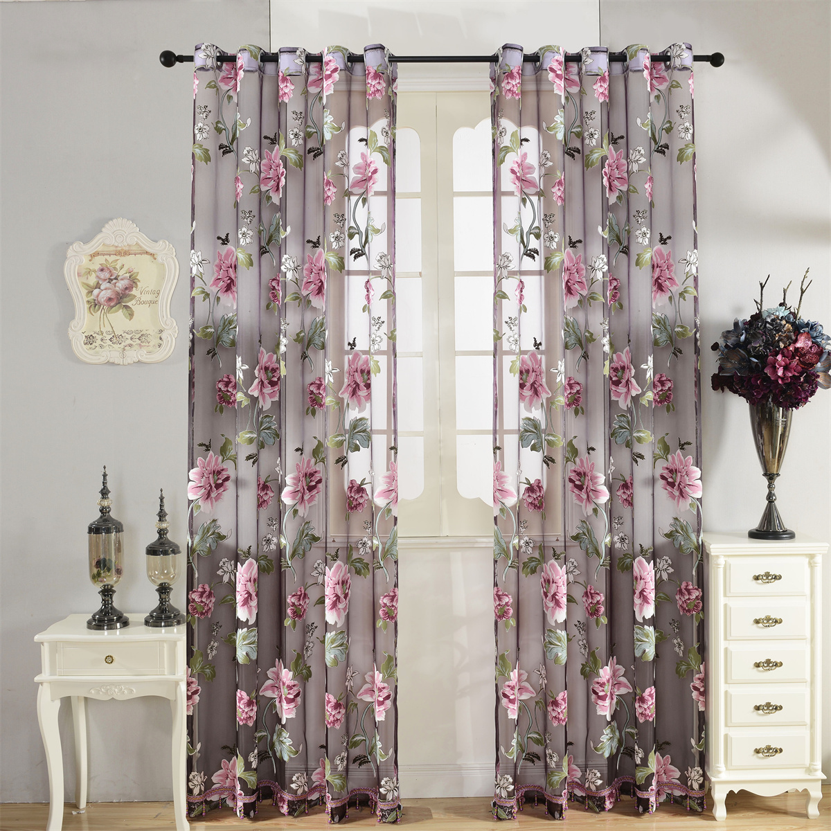 2pcs Classic Peony Floral Yarn - Home Decor Curtain avaliação e preço