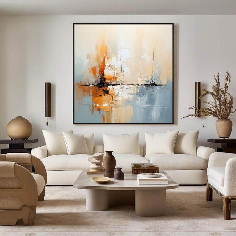 Original Hand-Painted Blue Bei - Abstract Oil Painting avaliação e preço